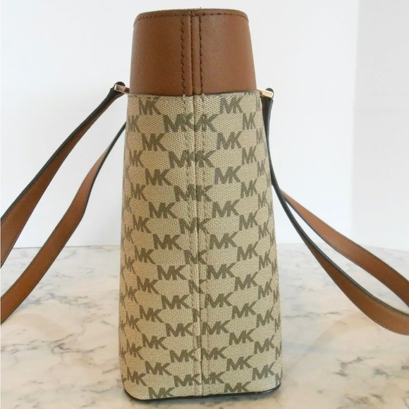 MICHAEL KORS Florence Large MK LOGO Top Zip Tote NATURAL/LUGGAGE $328 - Picture 4 of 8